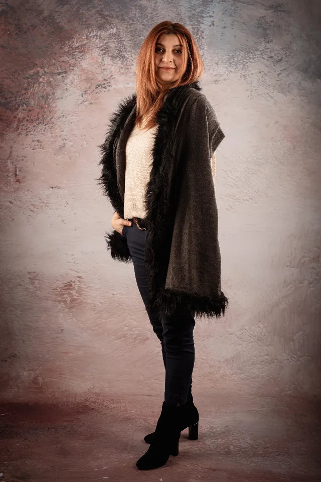 Sal pasmina gri antracit cu blanita artificiala neagra India